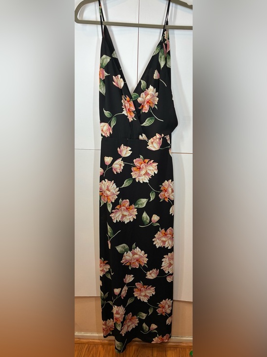 Lush Dresses & Skirts - Lush Black Floral Maxi Dress Side Slit V-Neck Low Back Peony Print Size XS
